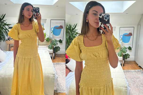 Topshop puff sleeve square neck shirred maxi dress in buttermilk best wedding guest dress